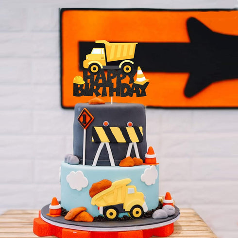 Glitter Building Truck Happy Birthday Cake Topper, Construction Truck Decor for Kids Birthday or Baby Shower Party