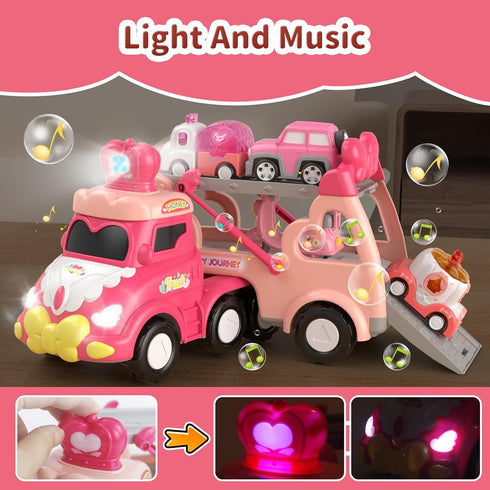 2 3 7-in-1 2-4, Toddler Girl Truck Toys for Year Old Girl Birthday Gifts, Pink Princess Car Transport Carrier Trucks