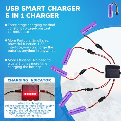 5PCS 3.7V 1000mAh Lipo Battery with 5-IN-1 Charger for RC Toy Car Battery SM-2P Plug for Various RC Cars and Trucks