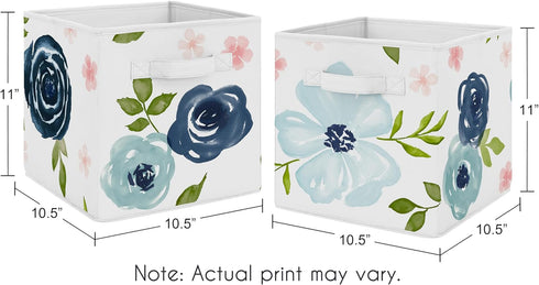 Set 2 Sweet Jojo Designs Navy Blue and Pink Watercolor Floral Foldable Fabric Storage Cube Bins Boxes Organizer Toys