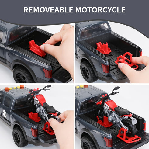 3+ Pickup Truck Toy with Motorcycle, Featuring Lights and Sound Effects,Toy Car with Opening Doors, Toy Cars Gifts