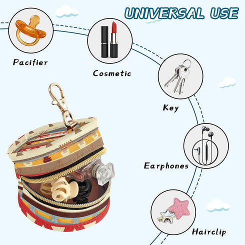 Boho Tribal Aztec Round Pacifier Storage Case with Zipper, Portable Pacifier Case for Travel, Diaper Bag & Purse