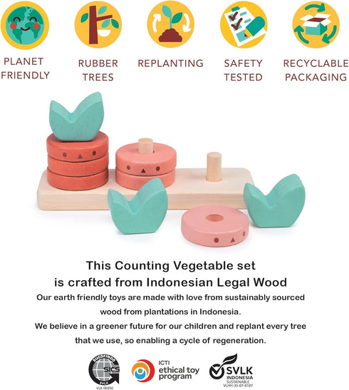Counting Vegetables - 10pcs Stacking Wooden Ring Set for Toddler Educational Toy to Boost Fine Motor Skills Age 12M+