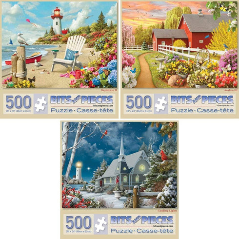 Set 500 18" 24" Bits and Pieces Value of Three Piece Jigsaw Puzzles for Adults Awaken, Guiding Lights, and Daydream