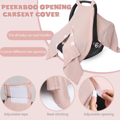 Muslin Car Seat Cover for Babies, Multi-use Nursing Cover, Breathable Infant Car Seat Canopy for Newborn (Pink)