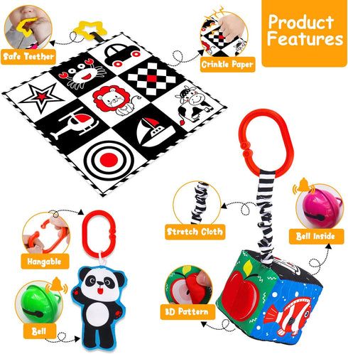 4 PCS High Contrast Black and White Baby Toys - Montessori Crinkle Sensory Book, Tummy Time Mirror, Rattle Gift