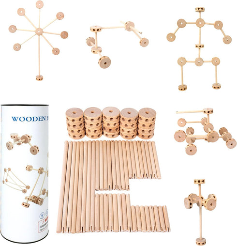 WODI Wooden Building Blocks 60pcs Large Natural Wood STEM Building Blocks for Kids Ages 4-8