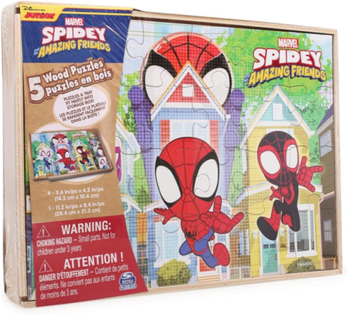 Disney Junior Marvel Spider-Man Spidey Amazing Friends - Set of 5 Wood Puzzles with Storage Box for Kids Ages 4+