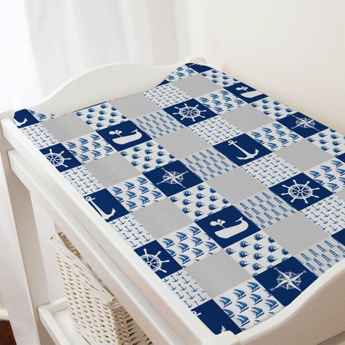 Navy Nautical Life Changing Pad Cover, Marine Ocean Lighthouse Compass Whale, 32''x16'' Soft Stretchy Fitted