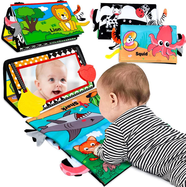 Baby Toys 0-6 Months - Tummy Time Mirror with Cloth Books & Teethers, Montessori Infant Sensory Toy for Newborns