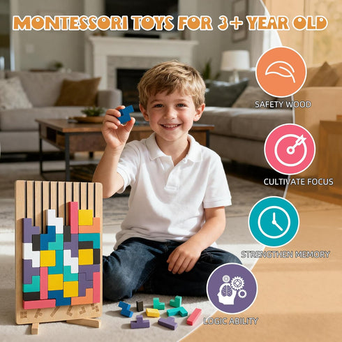 BSADIY 3D 3-6 Montessori Wooden Stacking Puzzle Toy, Colored Russian Block Stacking Jigsaw Puzzle Toy, Giant Building
