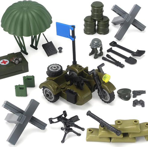 WW2 Pack 282 Set 6 Feleph Military Vehicles Weapons Pieces US Army Building Block Toy WWII Car Tricycle Gear Helmets