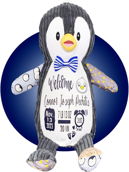 Personalized Baby Stats Penguin Plushie - Birth Announcement Stuffed Animals - Personalized Baby Keepsake Birth