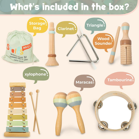 Stoie's Wooden Toddler Musical Instruments with Xylophone, Maracas, Triangle, Tamburine for Babies and Kids, Eco
