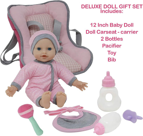 Set 12 Inch Baby Doll Carrier Car Seat, Baby Doll Accessories Includes Doll Bottles, Soft Baby Doll & Toys