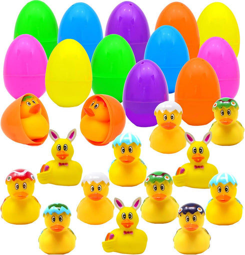 12 JOYIN Pcs Filled Easter Eggs with Rubber Duck and Rabbit Duckies, Bright Colorful Prefilled Easter Eggs for Kids Fun