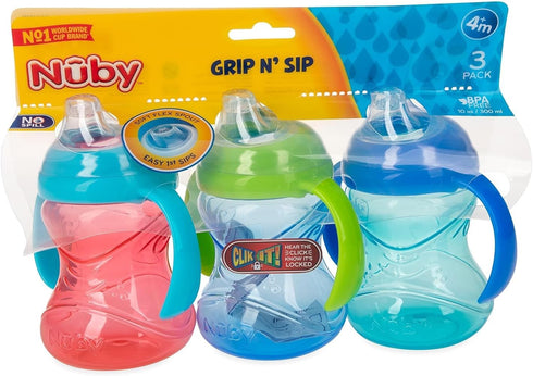 Nuby Clik-It Grip N' Sip Soft Spout No-Spill Training Sippy Cup with Handles - 10 oz (3-Pack) - Blue/Green/Red
