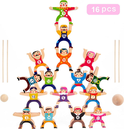 16Pcs Wooden Stacking Toys, Circus Hercules Acrobatic Troupe Toy, Balancing Building Blocks Game for 3-6 Years