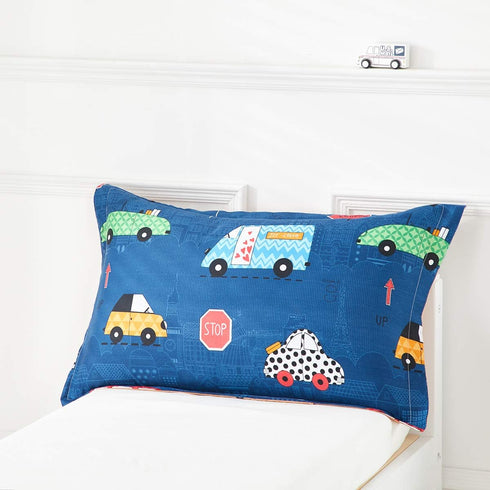 Set 1 Boys Toddler Bedding Navy with Colorful Cars Includes Boys Comforter, Flat Sheet, Fitted Sheet and Pillowcase