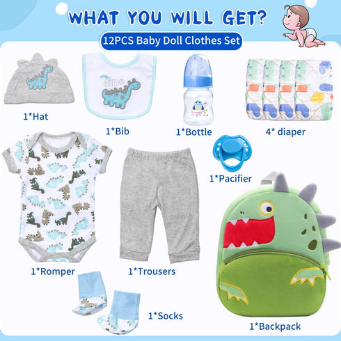 Set 12 Set 17-22 Inch Backpack PEDOLLTREE Reborn Baby Dolls Clothes Accessories Dinosaur Outfit Pcs for Reborn Doll