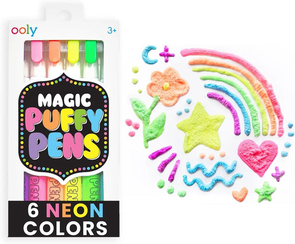 Ooly Magic Puffy Pens, Set of 6 Neon Colors with 3D Ink for Kids, Fun Art Supplies for Drawing