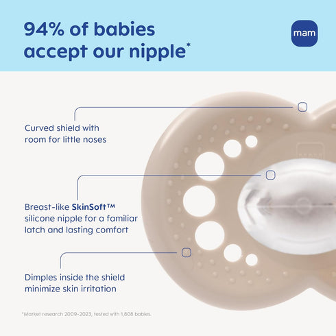 16+ 4 Count, MAM Original Baby Pacifiers Months, Binky for Newborn Babies, BPA-Free Skin Soft Silicone Nipple, Glows