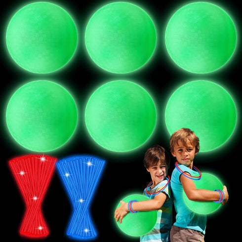 Hiboom 6 Pcs Glow in The Dark 10'' Sports Kickball Set with Dodgeball, Air Pump, 100 Glow Sticks, and Storage Bag for