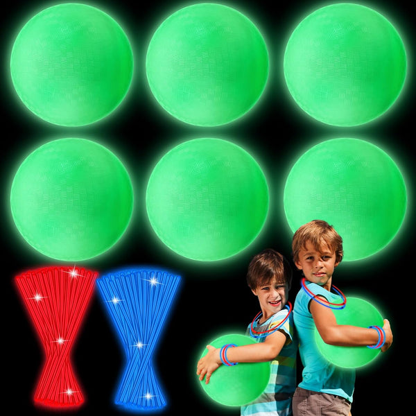 Hiboom 6 Pcs Glow in The Dark 10'' Sports Kickball Set with Dodgeball, Air Pump, 100 Glow Sticks, and Storage Bag for