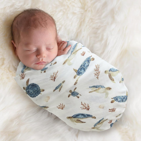 LifeTree Baby Swaddle Blanket, 70% Viscose from Bamboo and 30% Cotton Muslin, Boys Girls, Large 47" x 47" Sea Turtle