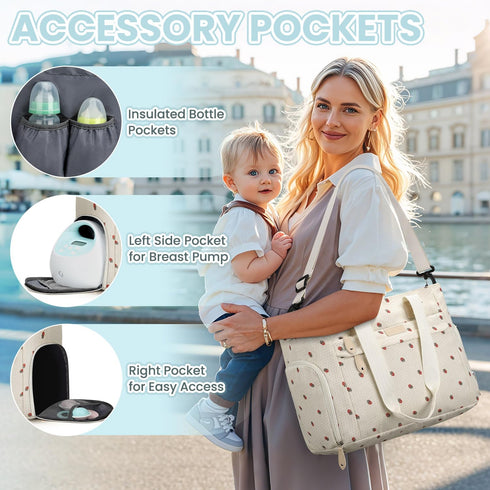 14 Inch Mommy Pritent Large Travel Diaper Bag Tote with Laptop Sleeve, Breast Pump Bag for Mom and Dad, Maternity
