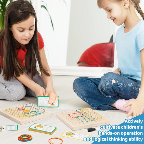 2Pack Wooden geoboards with Rubber Bands Montessori Toys, Mathematical Education Toy for Kids with Pattern Cards