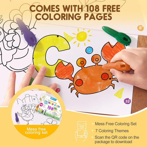 100% Beeswax-(12 108 Ages1-3,2-4,4-8 Mess Free Beeswax Crayons for Toddlers, Made with Pure Colors), Baby's First Non