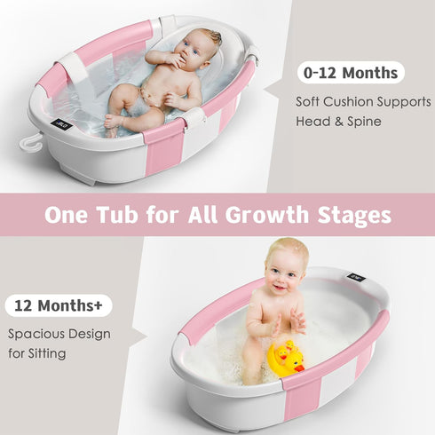 0-36 Collapsible Baby Bathtub for Newborn to Toddler Months,Spacious Foldable Infant Bath Tub with Thermometer,Cushion