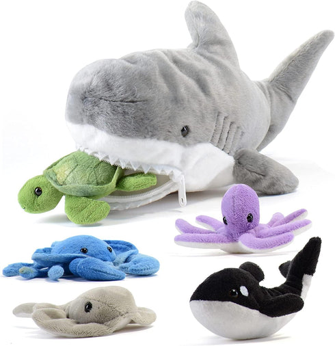 PREXTEX Plush Toy Shark with 5 Sea Animals - Turtle, Whale, Octopus, Stingray, Crab - Giant Stuffed Animal Gift for