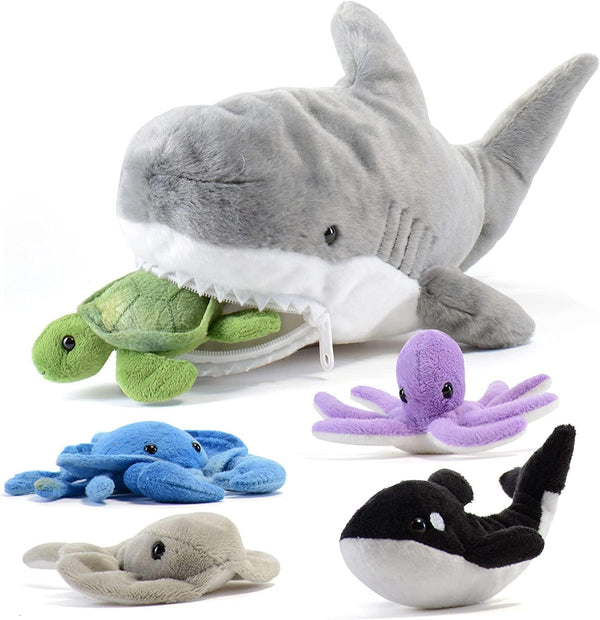 PREXTEX Plush Toy Shark with 5 Sea Animals - Turtle, Whale, Octopus, Stingray, Crab - Giant Stuffed Animal Gift for