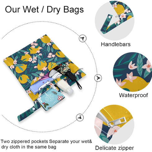 visesunny 2Pcs Lemon Floral Wet Bag with Zippered Pockets Washable Reusable Roomy
