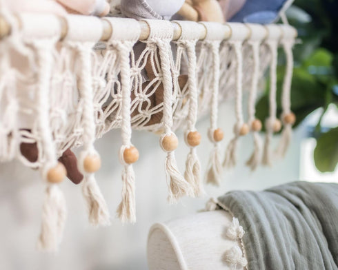 16" 22" Crane Baby Macrame Hanging Storage Bin for Nursery, Boho Baby Decor, Baby Toy Hanging Basket Wall Storage