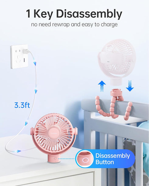 360 3 Coohea Stroller Fan Rechargeable Battery Powered Portable Fans, Head Detachable Rotatable Clip on Fan, Speed