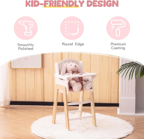 18 Inch ROBOTIME Wooden Baby Doll High Chair, Pink Wooden Baby Doll Chair for Dolls, Pretend Play High Chair Baby Doll