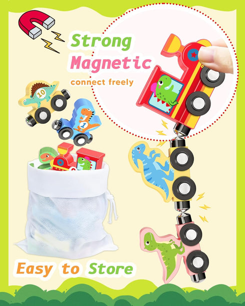 Oomloid 11 Set 1 2 3 1-3, 2-4 Pcs Magnetic Dinosaur Train Montessori Toys for Years Old Toddlers Boys Girls, Wooden