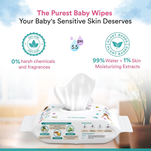 CutetotZ 99% 100% 6 Packs (480 Organic Baby Wipes- Pure Water, Green Seal Certified, Plastic-Free, Biodegradable