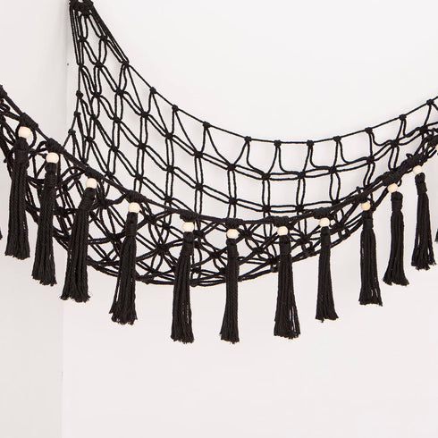Stuffed Animal Toy Hammock Hanging, Macrame Organizer Storage for Plush Toys, Large Corner Net Holder (Black)