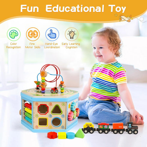 9-in-1 1+ 1-2 Wooden Activity Cube Montessori Toys for Year Old Boys Girls Educational Learning Toys for Toddlers Age