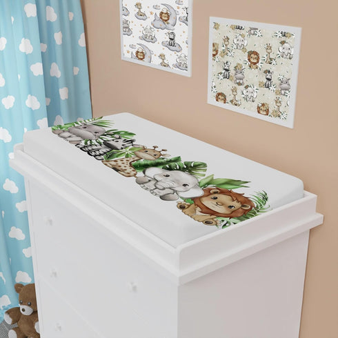 Tropical Jungle Safari Animals Changing Pad Covers, Lion Elephant Giraffe Zebra Hippo, 32"x16" Soft Sheets