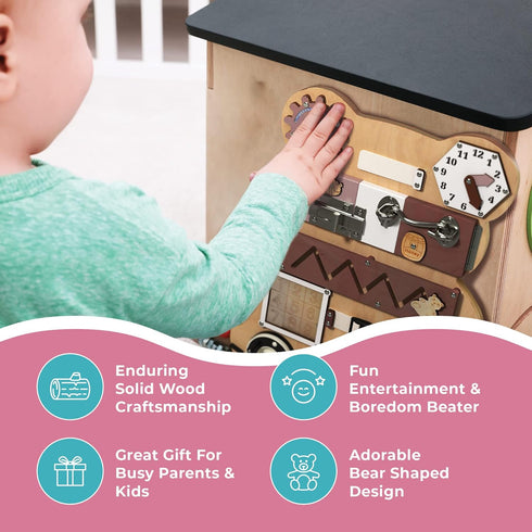 Busy Board for Toddlers, Bear Shaped Montessori Activity Board, Sensory Travel Toys for Quiet Learning