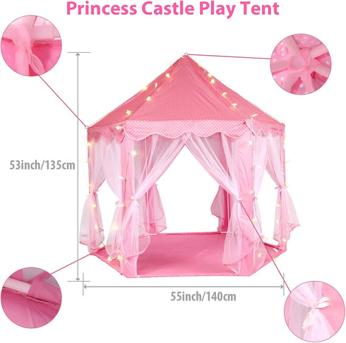Princess Tent with Rug & LED Star Lights, Large Playhouse for Girls Kids, Indoor Outdoor Games, 140*135cm