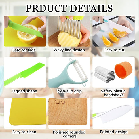 11 Pieces Kids Knife Set, Wooden Kitchen Knife, Toddler Knife with Serrated Edges, Crinkle Cutter, Y Peeler, Cutting