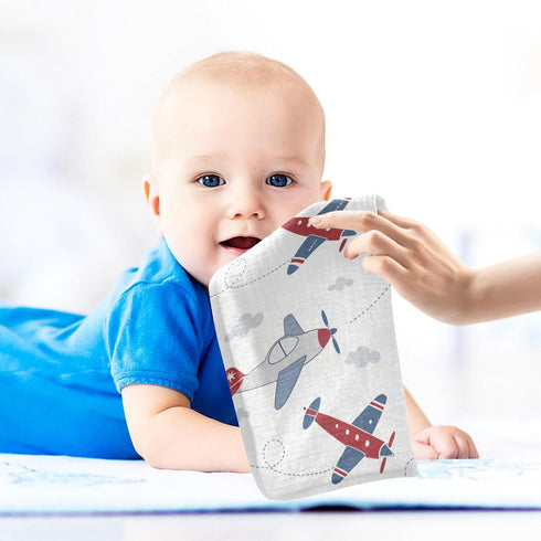 Burbuja 12x12 3 Pack Cartoon Airplane Baby Washcloths - Muslin Cotton Soft Absorbent Baby Towel for Newborn Baby