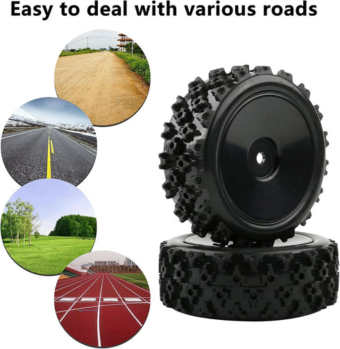 4 Pcs 1/10 On-Road Wheels and Tires, 12mm Hex Black Hard Dish Wheel and Rally Block Tyre for Street Racing