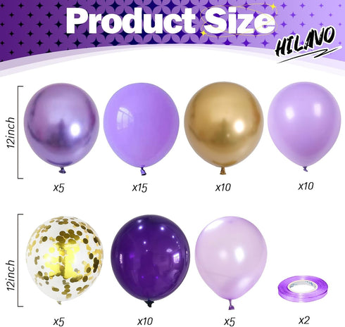 Set, 60Pcs 12 Inch Pastel Purple Gold Balloons Light Macaron Metallic Dark Purple Lavender Balloon with Gold Confetti